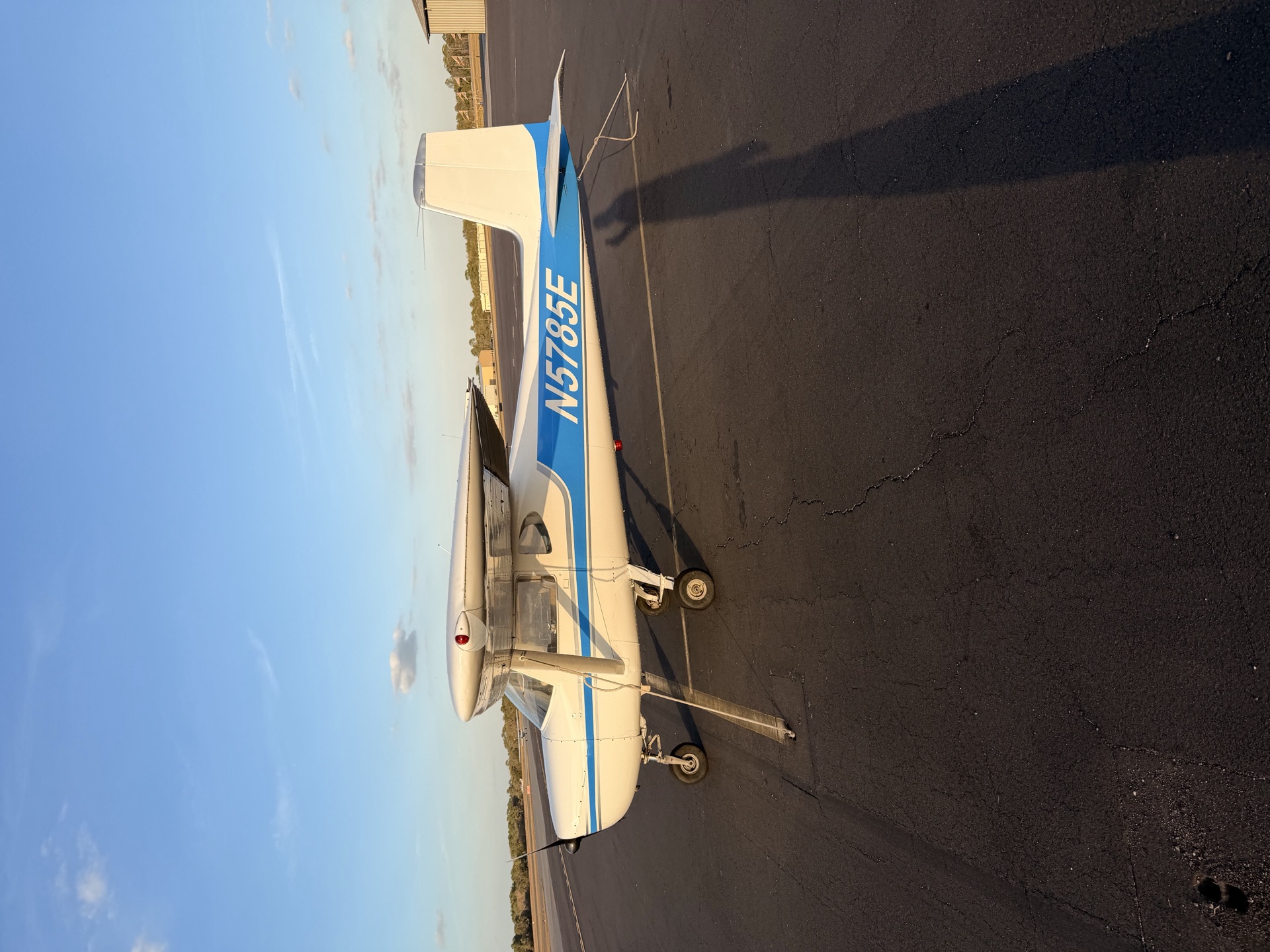 Nose-on view of Cessna 150 N5785E on the ramp